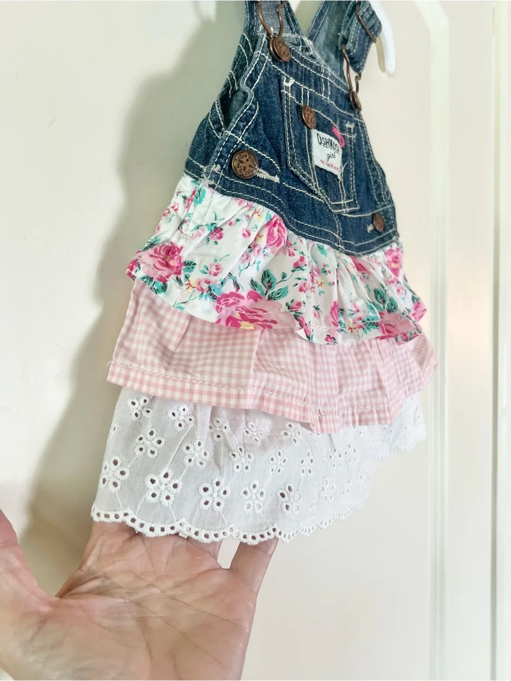 Vintage OshKosh B'gosh Baby Girl Denim Overall Jumper Dress 9M Lace Tiered